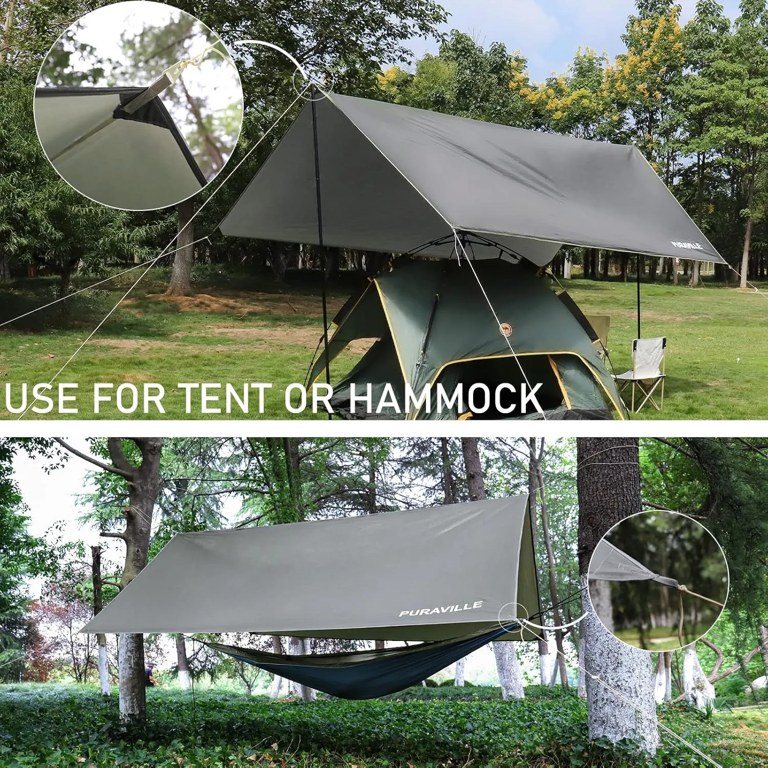 Puraville 12x10 ft Rectangle Lightweight Camping Tarps, Portable Waterproof Hammock Rain Fly Tent Tarp for Camping Backpacking, Grey