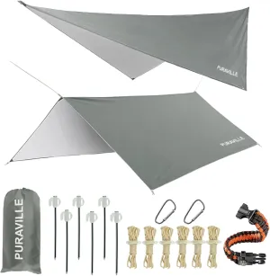 Puraville 12x10 ft Rectangle Lightweight Camping Tarps, Portable Waterproof Hammock Rain Fly Tent Tarp for Camping Backpacking, Grey