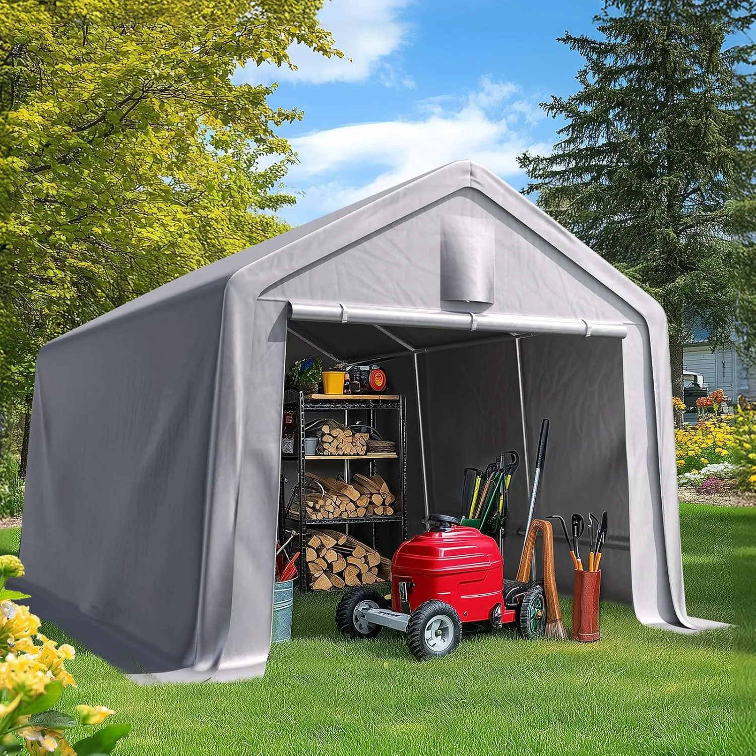 Quictent 10x15FT Carport Shelter with Roll-Up Mesh Windows & Reinforced Frame, Portable Garage Canopy for Motorcycle Storage, Outdoor Equipment, Patio Furniture Cover - Silver Gray