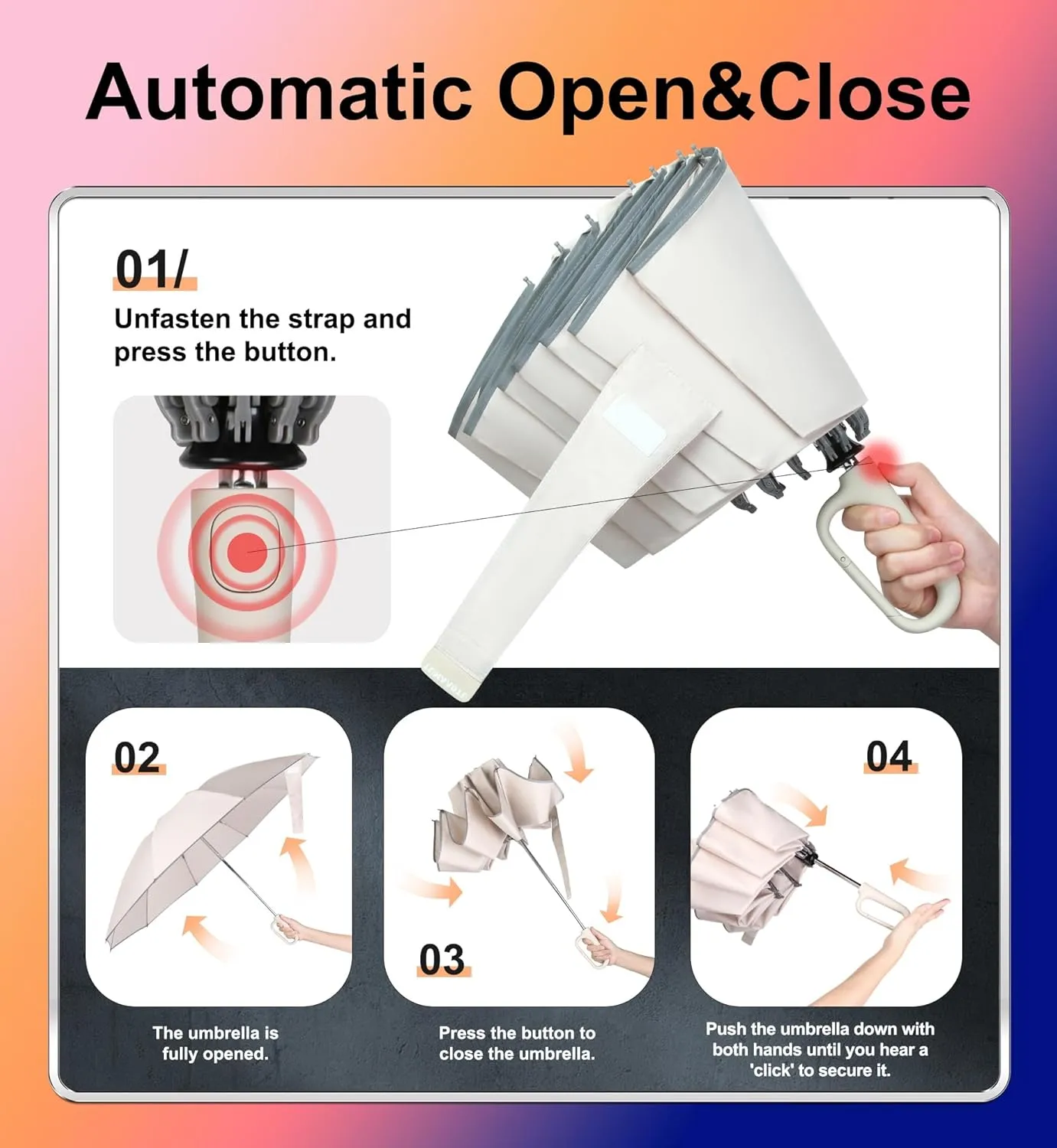 QWB TUMAAOTU Inverted Umbrella with Carabiner Handle, Wind Proof Umbrellas For Rain and Sun, 46 Inch Portable Reverse Folding UV Umbrella, Car Umbrella for Women Men, 10 Ribs