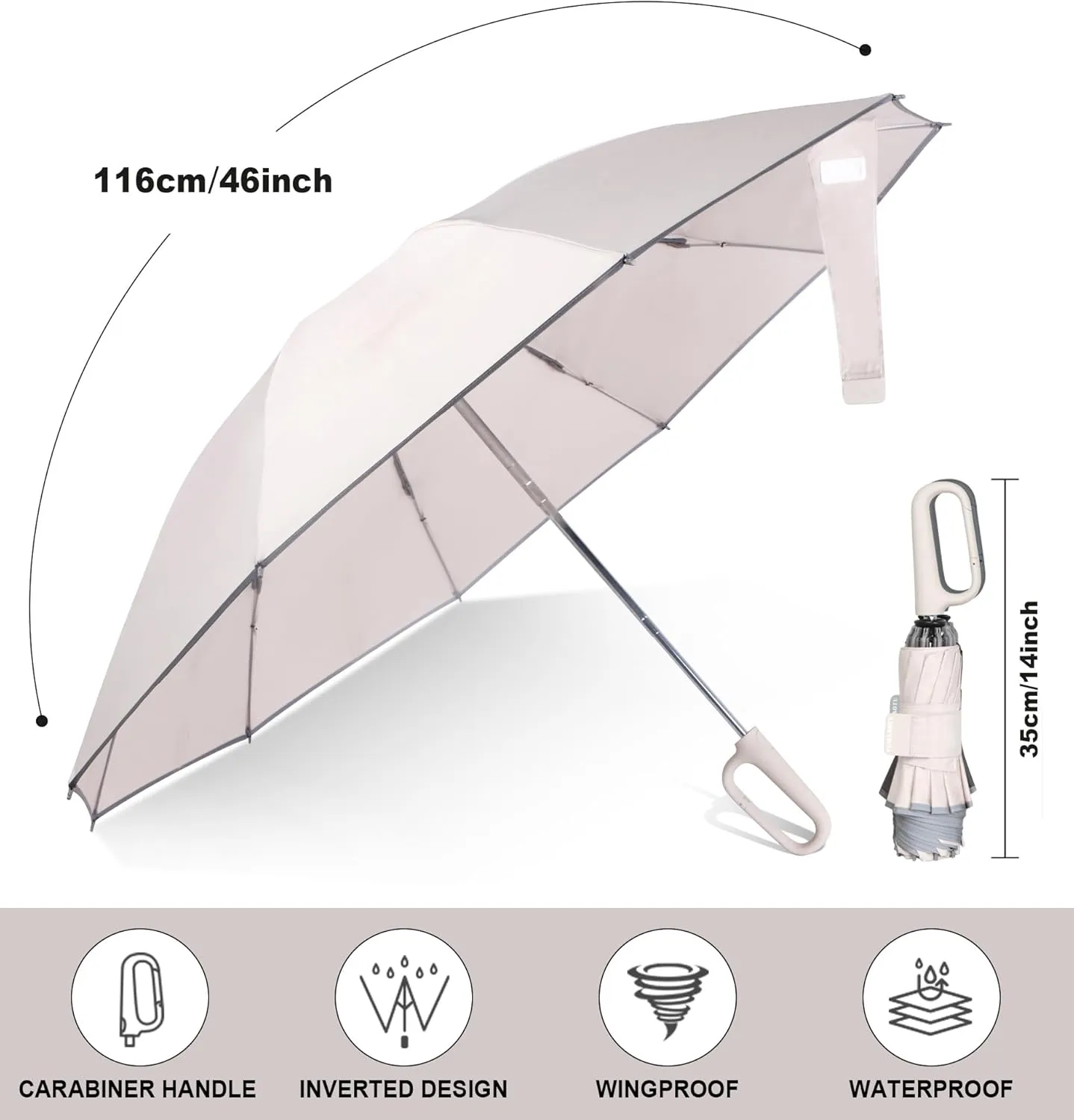 QWB TUMAAOTU Inverted Umbrella with Carabiner Handle, Wind Proof Umbrellas For Rain and Sun, 46 Inch Portable Reverse Folding UV Umbrella, Car Umbrella for Women Men, 10 Ribs