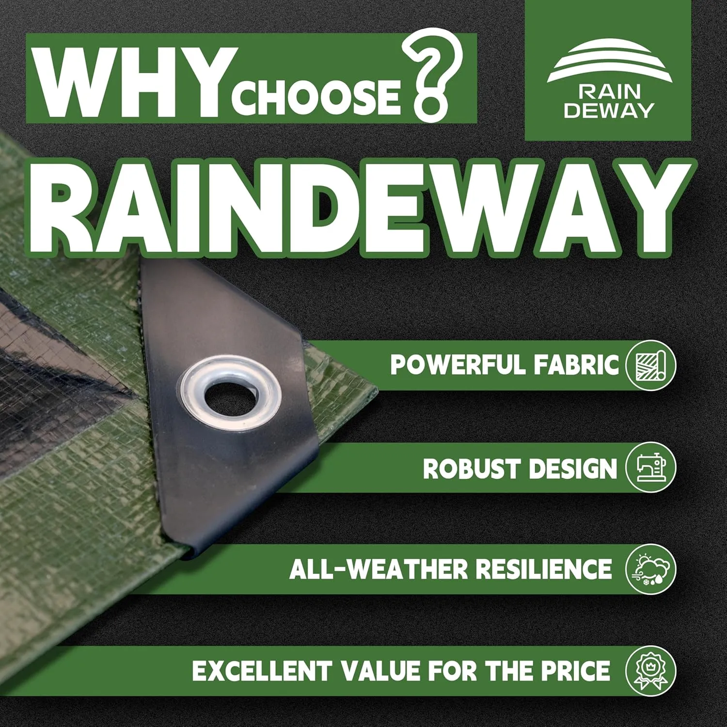 RAINDEWAY 10x12 Tarp Heavy Duty Waterproof,9Mil Thick,Large Tarps Multipurpose Poly Tarp Cover for Camping,Rain,Durable with Metal Grommets and Reinforced Edges,Finished Size Green/Black