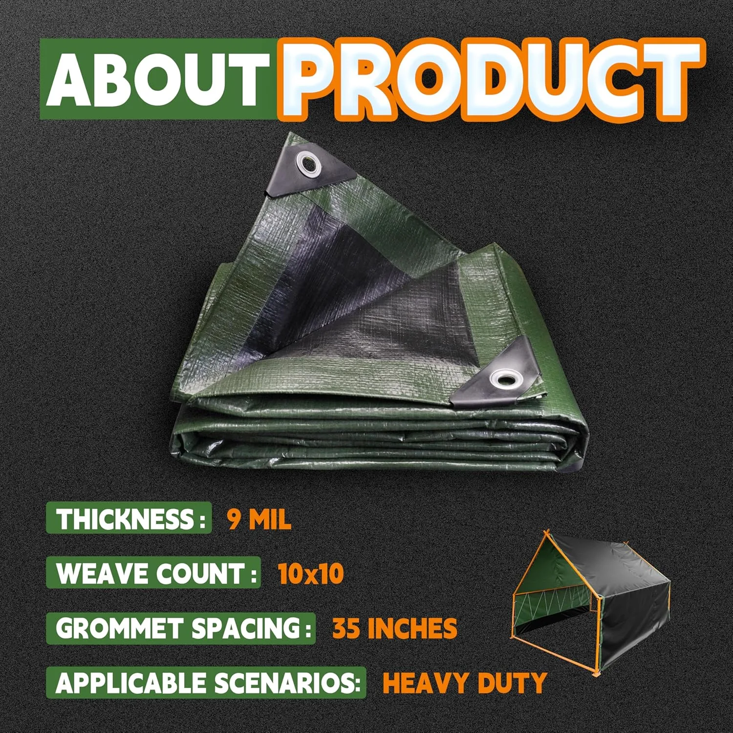 RAINDEWAY 10x12 Tarp Heavy Duty Waterproof,9Mil Thick,Large Tarps Multipurpose Poly Tarp Cover for Camping,Rain,Durable with Metal Grommets and Reinforced Edges,Finished Size Green/Black