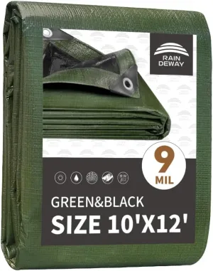 RAINDEWAY 10x12 Tarp Heavy Duty Waterproof,9Mil Thick,Large Tarps Multipurpose Poly Tarp Cover for Camping,Rain,Durable with Metal Grommets and Reinforced Edges,Finished Size Green/Black