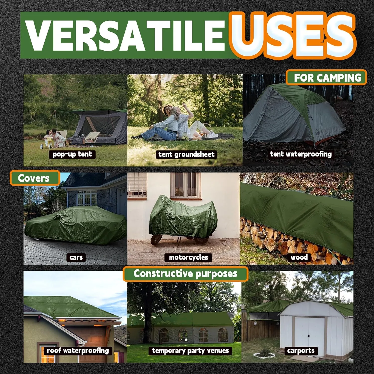 RAINDEWAY 10x12 Tarp Heavy Duty Waterproof,9Mil Thick,Large Tarps Multipurpose Poly Tarp Cover for Camping,Rain,Durable with Metal Grommets and Reinforced Edges,Finished Size Green/Black