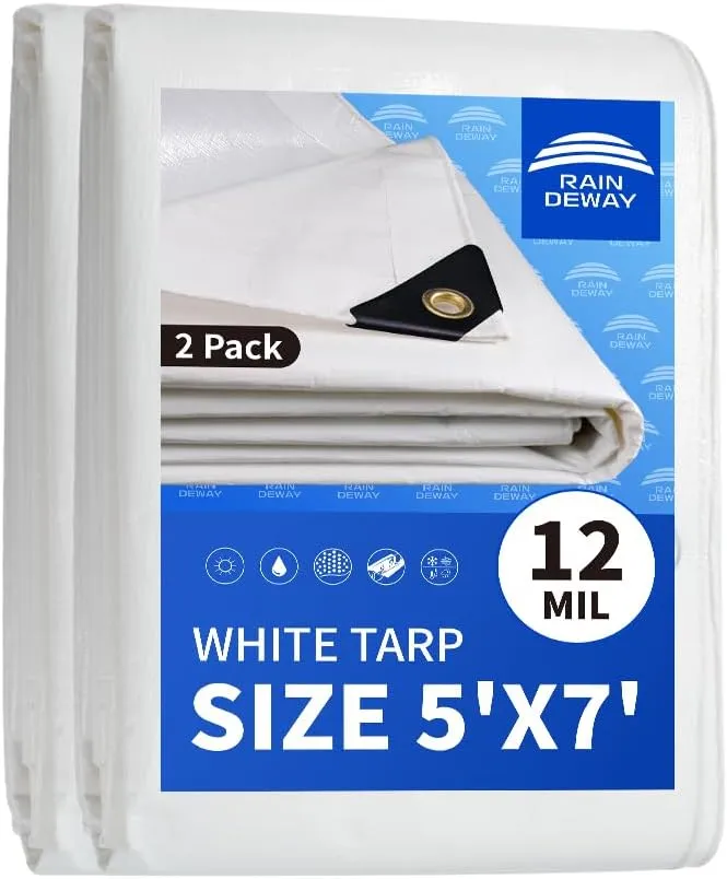 RAINDEWAY 12 Mil Heavy Duty White Tarp 5x7 Feet (2 Pack), UV Resistant, Waterproof, Weatherproof Poly Tarp with Metal Grommets and Reinforced Edges