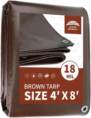 RAINDEWAY 4x8 Feet Super Heavy Duty 18 Mil Brown Poly Tarp Cover, UV Resistant, Weatherproof, Multipurpose Waterproof Poly Tarp with Grommets and Reinforced Edges