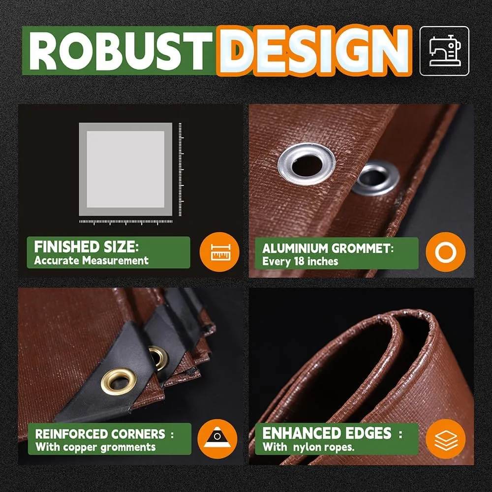 RAINDEWAY 4x8 Feet Super Heavy Duty 18 Mil Brown Poly Tarp Cover, UV Resistant, Weatherproof, Multipurpose Waterproof Poly Tarp with Grommets and Reinforced Edges