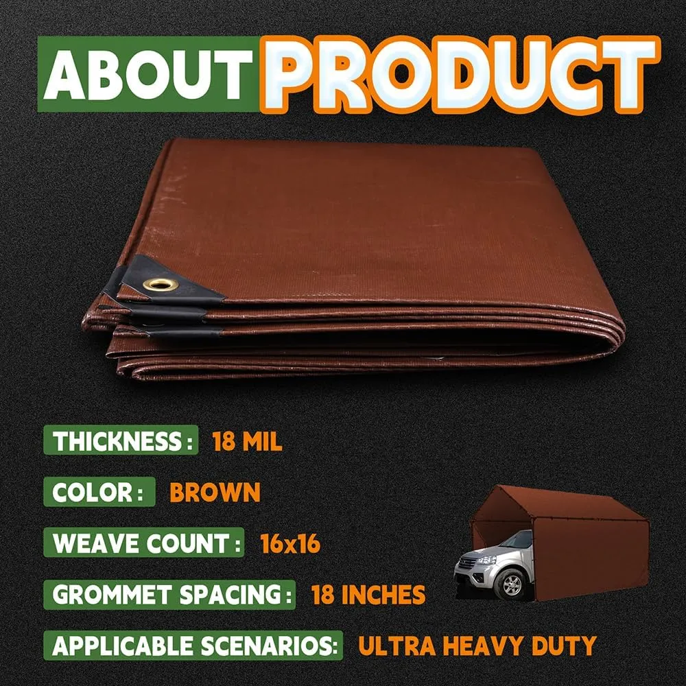 RAINDEWAY 4x8 Feet Super Heavy Duty 18 Mil Brown Poly Tarp Cover, UV Resistant, Weatherproof, Multipurpose Waterproof Poly Tarp with Grommets and Reinforced Edges