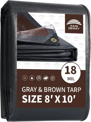 RAINDEWAY 8x10 Feet Super Heavy Duty Tarp 18 Mil - UV Resistant, Weatherproof, Multipurpose Waterproof Poly With Grommets and Reinforced Edges - Brown/Gray
