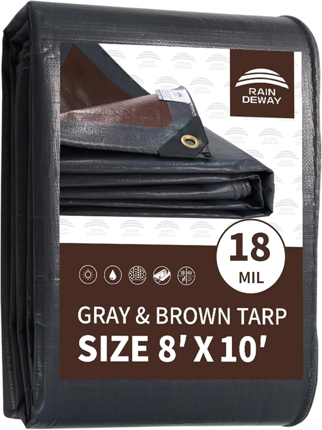 RAINDEWAY 8x10 Feet Super Heavy Duty Tarp 18 Mil - UV Resistant, Weatherproof, Multipurpose Waterproof Poly With Grommets and Reinforced Edges - Brown/Gray