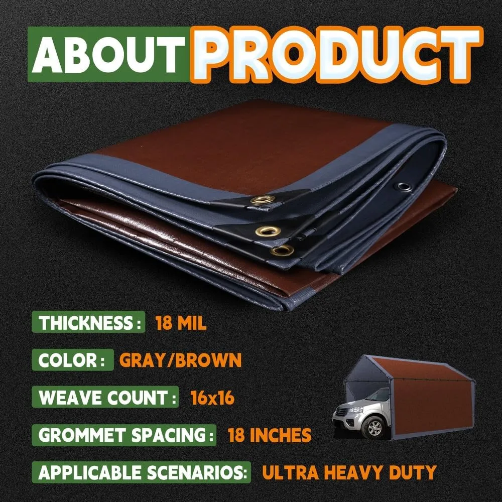 RAINDEWAY 8x10 Feet Super Heavy Duty Tarp 18 Mil - UV Resistant, Weatherproof, Multipurpose Waterproof Poly With Grommets and Reinforced Edges - Brown/Gray