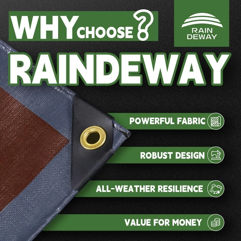 RAINDEWAY 8x10 Feet Super Heavy Duty Tarp 18 Mil - UV Resistant, Weatherproof, Multipurpose Waterproof Poly With Grommets and Reinforced Edges - Brown/Gray