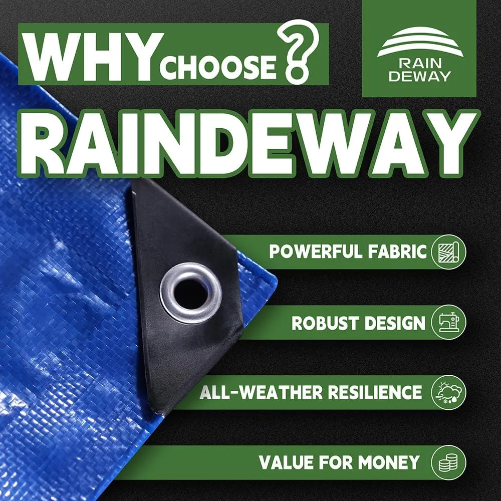 RAINDEWAY Tarps 12x16 Feet, 8 Mil Thick, UV Resistant, Multipurpose Waterproof Poly Tarp Cover with Metal Grommets and Reinforced Edges, Durable Blue Tarp