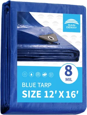 RAINDEWAY Tarps 12x16 Feet, 8 Mil Thick, UV Resistant, Multipurpose Waterproof Poly Tarp Cover with Metal Grommets and Reinforced Edges, Durable Blue Tarp