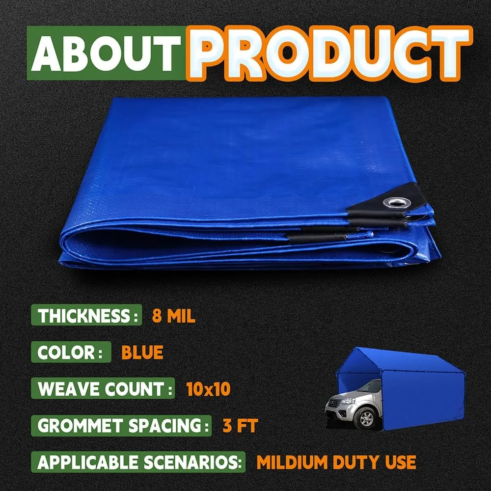RAINDEWAY Tarps 12x16 Feet, 8 Mil Thick, UV Resistant, Multipurpose Waterproof Poly Tarp Cover with Metal Grommets and Reinforced Edges, Durable Blue Tarp