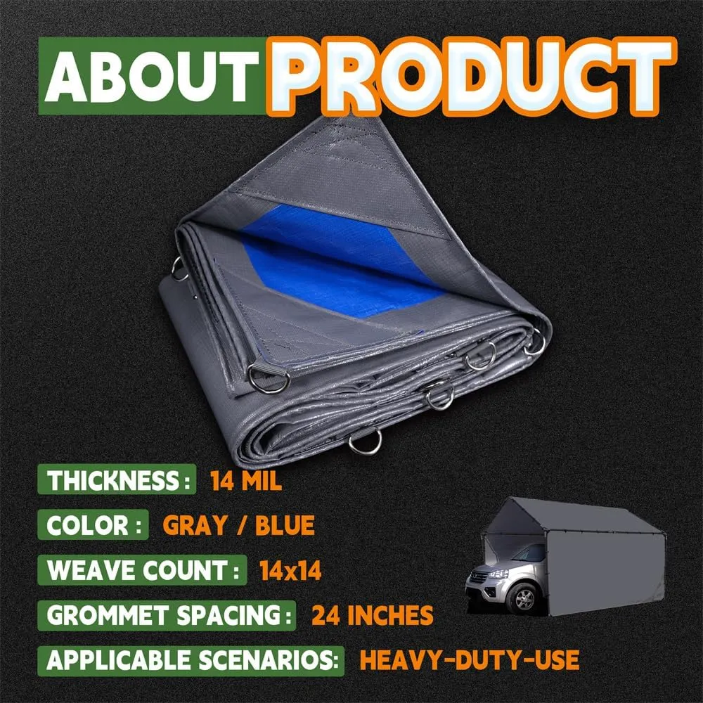 RAINDEWAY Tarps Heavy Duty Waterproof 16x20 Feet -14 Mils Super Heavy Duty Tarp with Metal Rings and Reinforced Corners and Edges, UV Resistant, Multipurpose Poly Tarp,Blue/Gray tarp