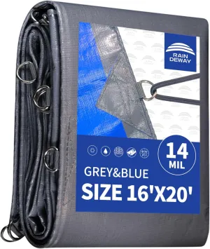 RAINDEWAY Tarps Heavy Duty Waterproof 16x20 Feet -14 Mils Super Heavy Duty Tarp with Metal Rings and Reinforced Corners and Edges, UV Resistant, Multipurpose Poly Tarp,Blue/Gray tarp
