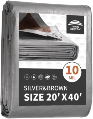 RAINDEWAY Tarps Heavy Duty Waterproof 20x40 Feet, 10Mil Multipurpose Large Tarp Cover with Metal Grommets and Reinforced Edges, Silver/Brown Tarp