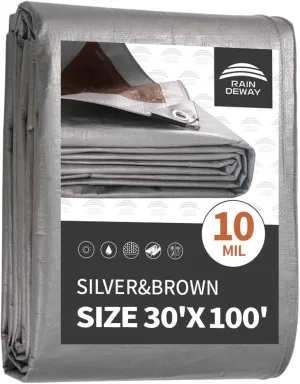 RAINDEWAY Tarps Heavy Duty Waterproof 30x100 Feet, 10 Mil Thick Multipurpose UV Resistance Large Tarp Cover with Metal Grommets and Reinforced Edges, Silver/Brown Tarp