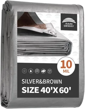 RAINDEWAY Tarps Heavy Duty Waterproof 40x60 Feet, 10 Mil Thick Multipurpose UV Resistance Large Tarp Cover with Metal Grommets and Reinforced Edges, Silver/Brown Tarp