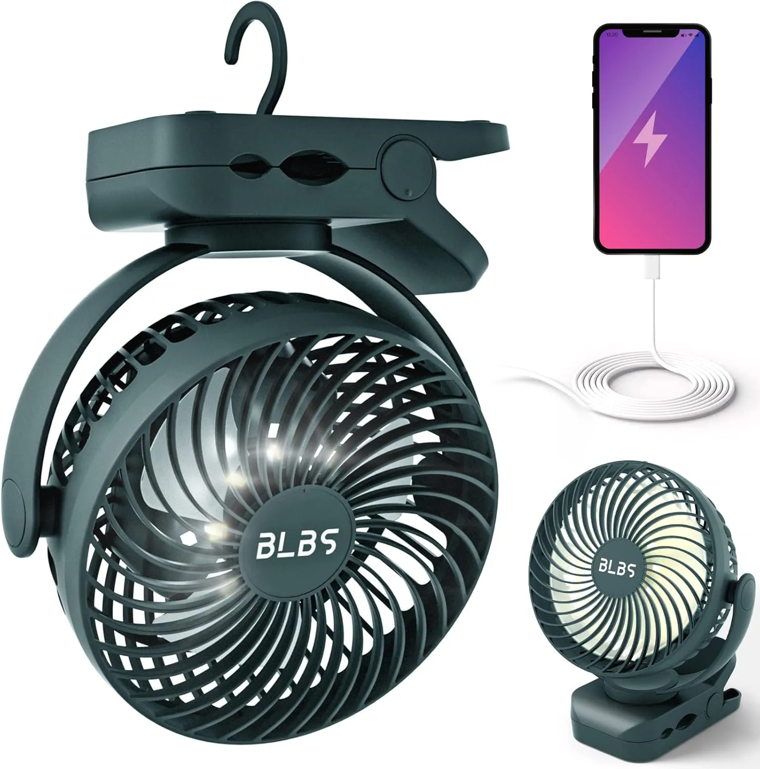Rechargeable Camping Fan - 65H 12000mAh With Output Ports, Hanging Hook, 360 Head Rotation for Tents, Camp, Green