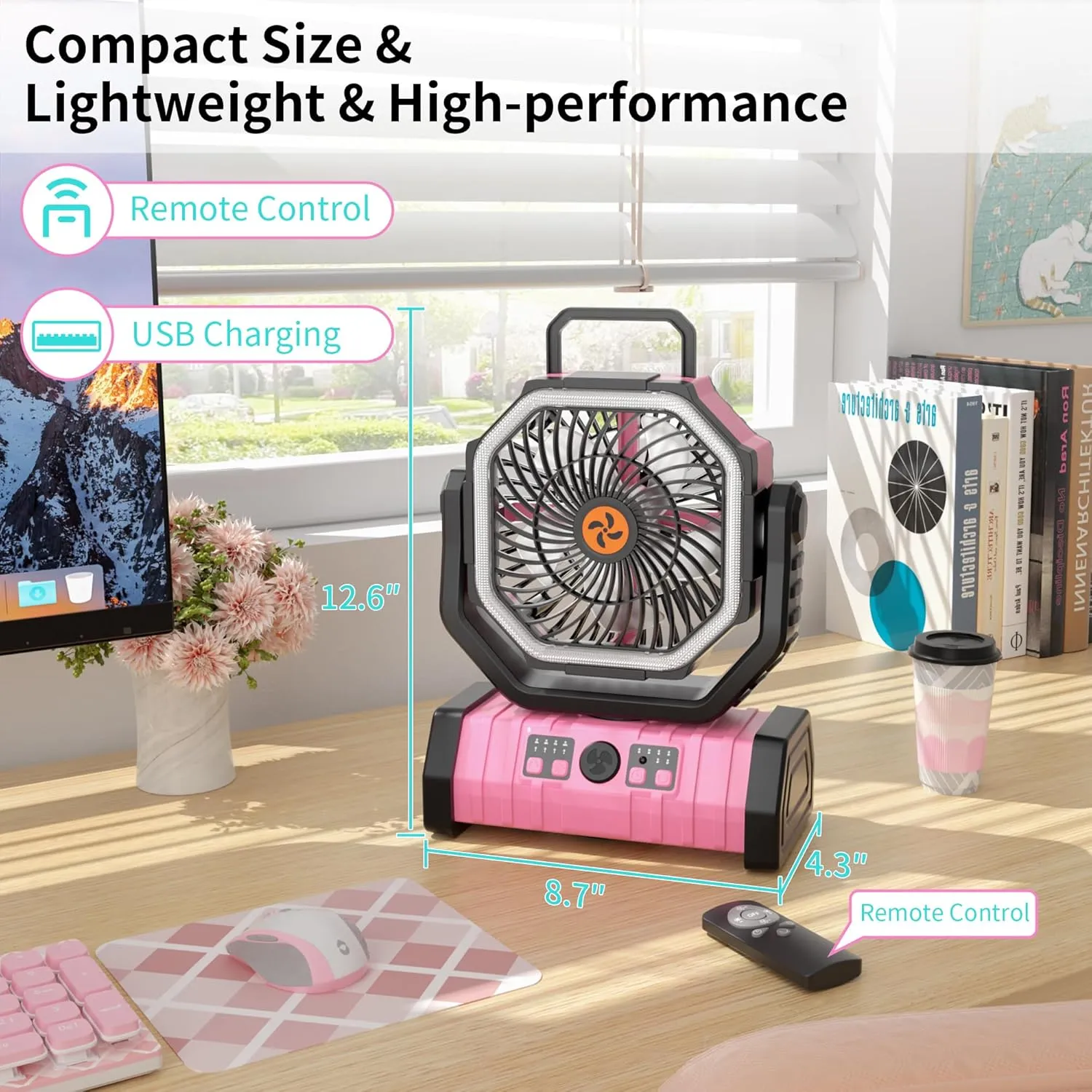 Rechargeable Fan Portable, Camping Fan Battery Powered Operated with LED Lantern,270°Auto-oscillating Camping Essentials Cordless outdoor fan,USB Personal Fans with Hook,8H Timer Tent F6 Pink