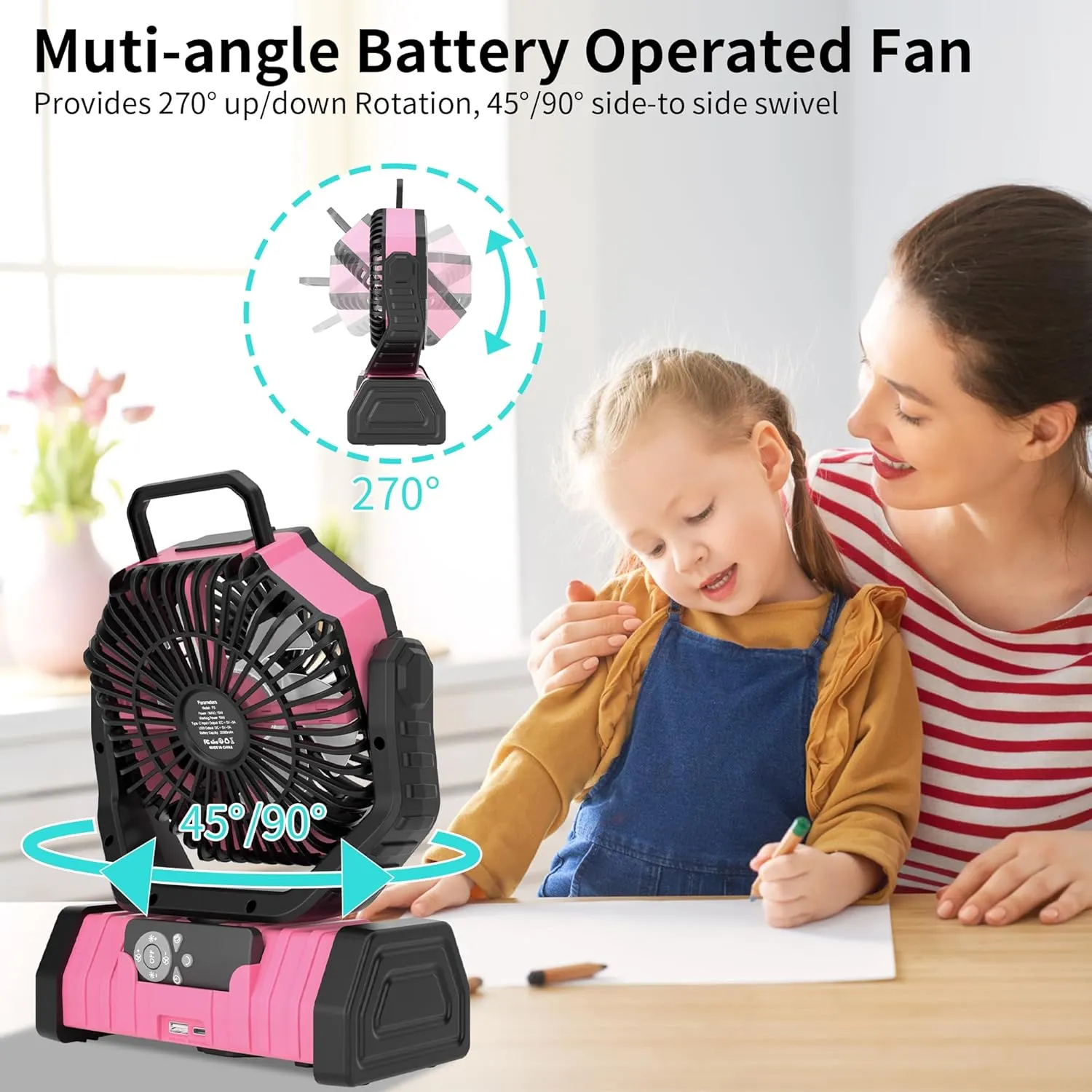 Rechargeable Fan Portable, Camping Fan Battery Powered Operated with LED Lantern,270°Auto-oscillating Camping Essentials Cordless outdoor fan,USB Personal Fans with Hook,8H Timer Tent F6 Pink