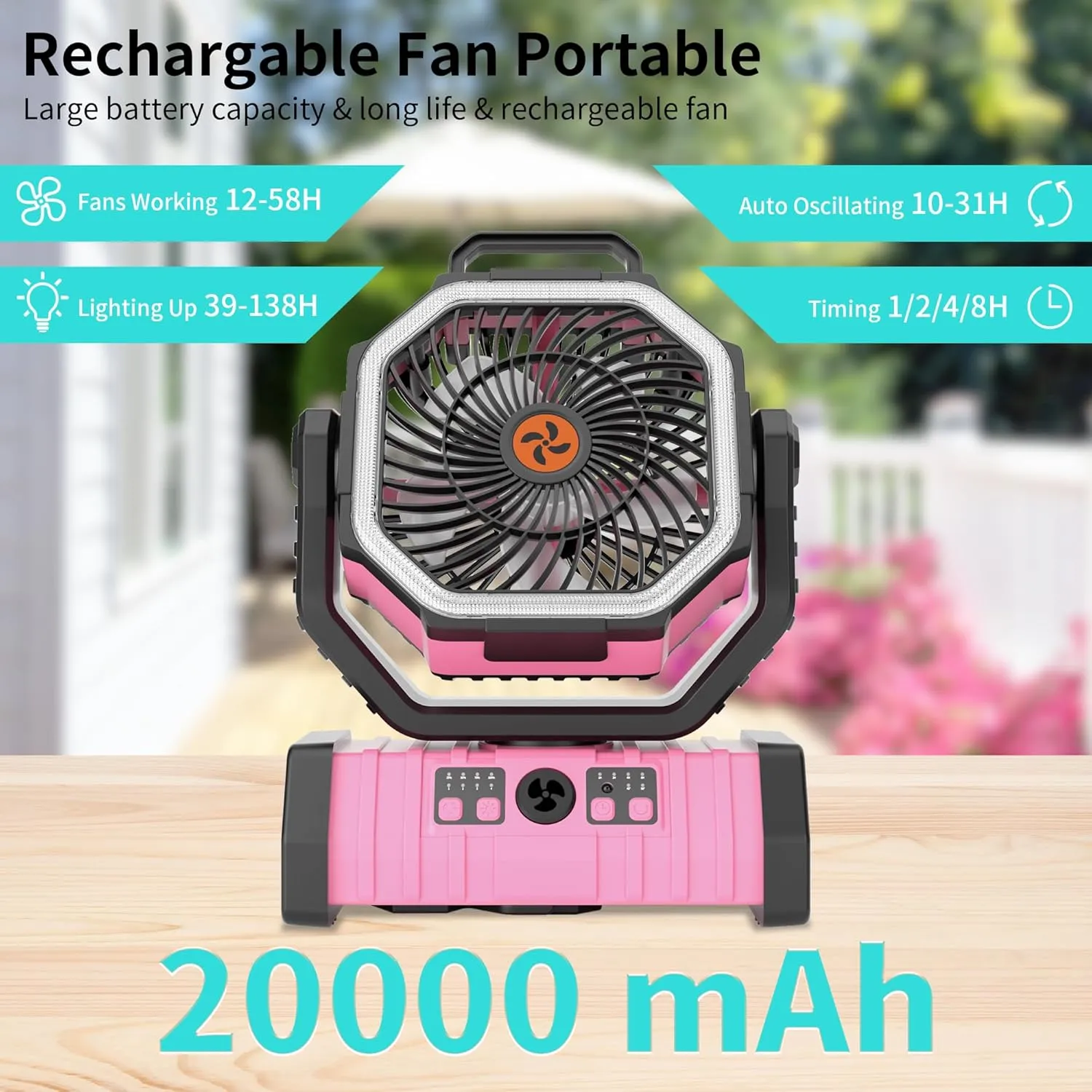 Rechargeable Fan Portable, Camping Fan Battery Powered Operated with LED Lantern,270°Auto-oscillating Camping Essentials Cordless outdoor fan,USB Personal Fans with Hook,8H Timer Tent F6 Pink