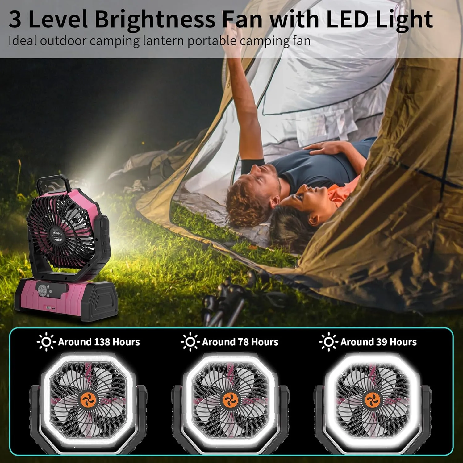 Rechargeable Fan Portable, Camping Fan Battery Powered Operated with LED Lantern,270°Auto-oscillating Camping Essentials Cordless outdoor fan,USB Personal Fans with Hook,8H Timer Tent F6 Pink
