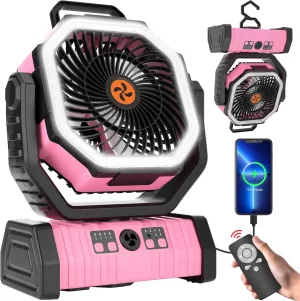 Rechargeable Fan Portable, Camping Fan Battery Powered Operated with LED Lantern,270°Auto-oscillating Camping Essentials Cordless outdoor fan,USB Personal Fans with Hook,8H Timer Tent F6 Pink