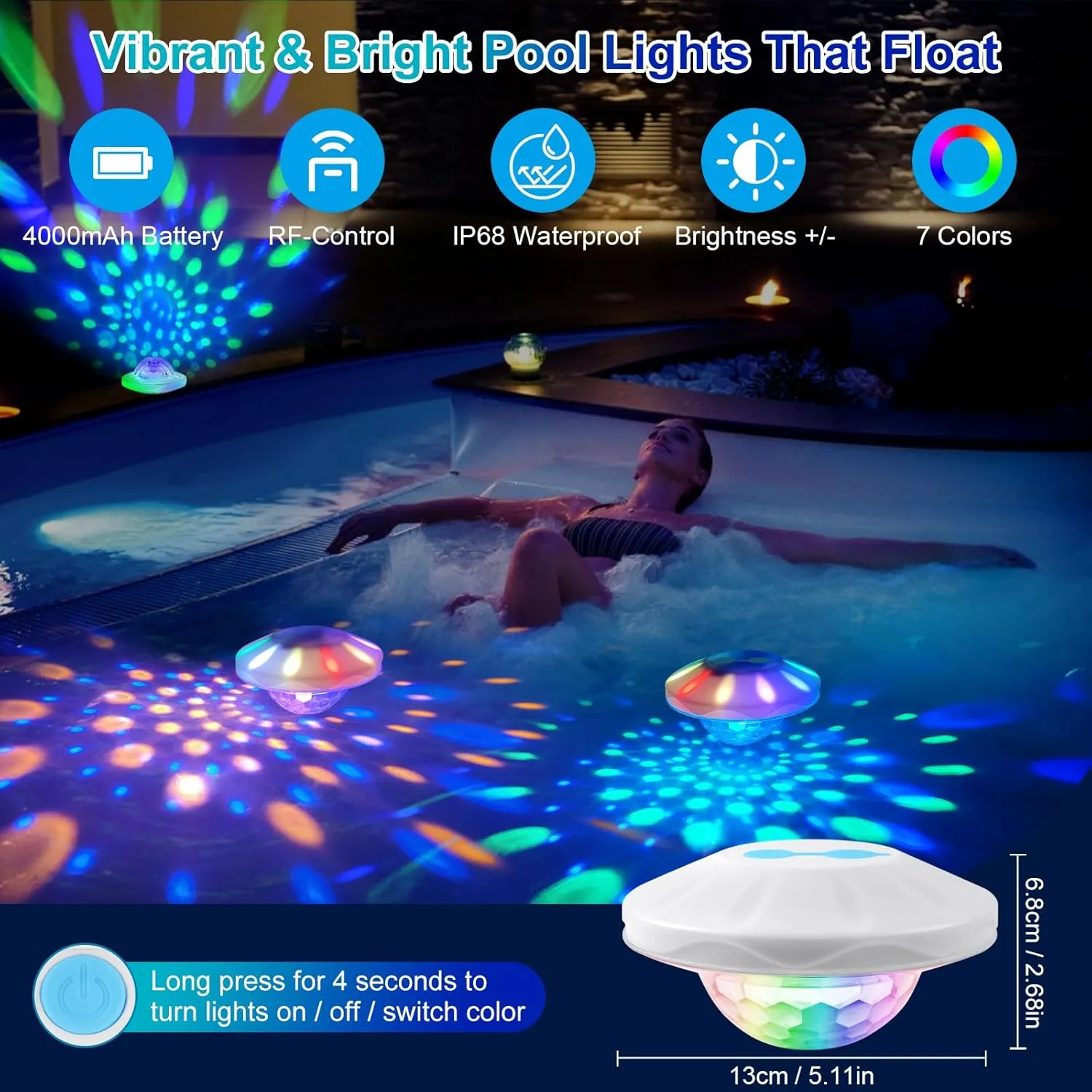 Rechargeable Floating Pool Lights: 2 Pack Pool Light That Float with RGB Color Changing Upper and Lower Floating Lights Remote Control IP68 Waterproof Bathtub Lights for Pond Garden Party