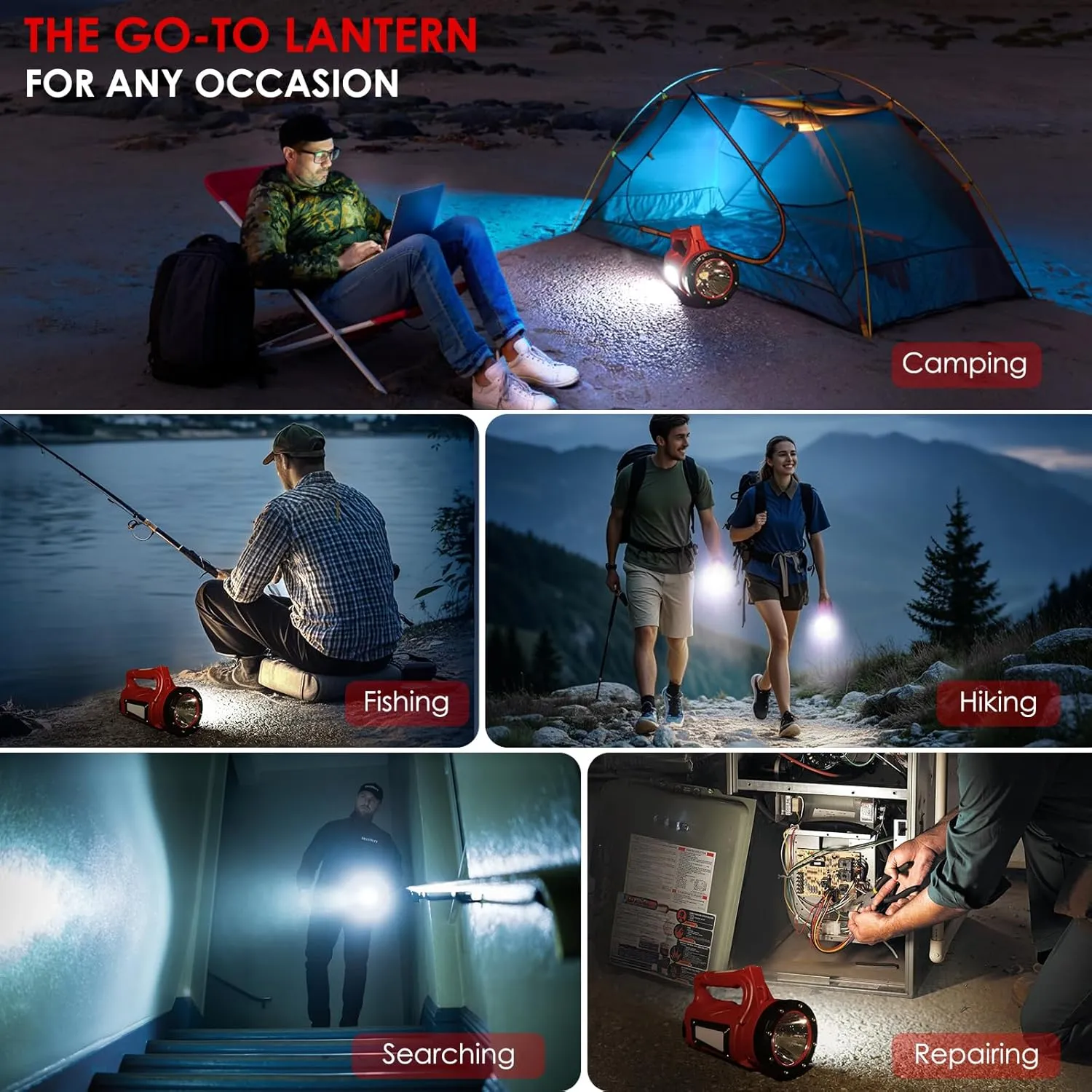 Rechargeable LED Flashlight, Camping Lantern Flashlight with 1000LM, 7 Modes, Power Bank, IPX4 Waterproof Camping Essentials Light for Hurricane Emergency Hiking Survival Kits - Red