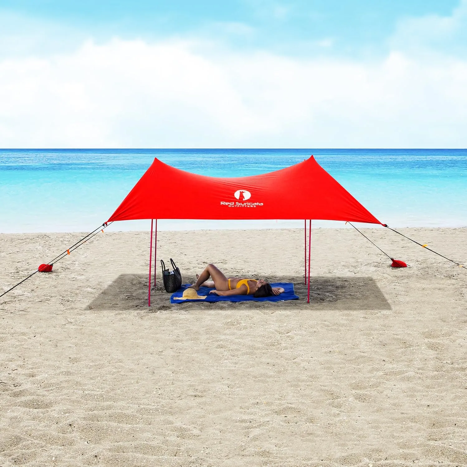 Red Suricata Family Beach Tent & Beach Canopy, UPF50 Sun Beach Shade, Sunshade with 4 Aluminum Poles, 4 Pole Anchors & Sand Shovel, Large & Portable Sun Shelter Tarp (Large, Red)