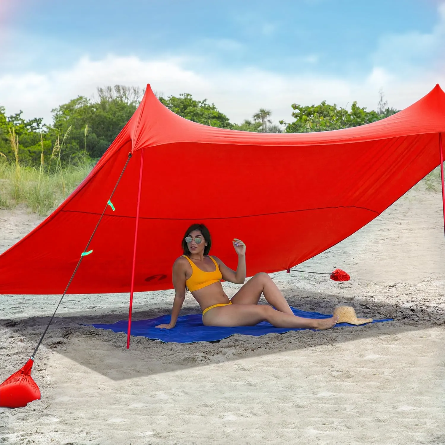 Red Suricata Family Beach Tent & Beach Canopy, UPF50 Sun Beach Shade, Sunshade with 4 Aluminum Poles, 4 Pole Anchors & Sand Shovel, Large & Portable Sun Shelter Tarp (Large, Red)