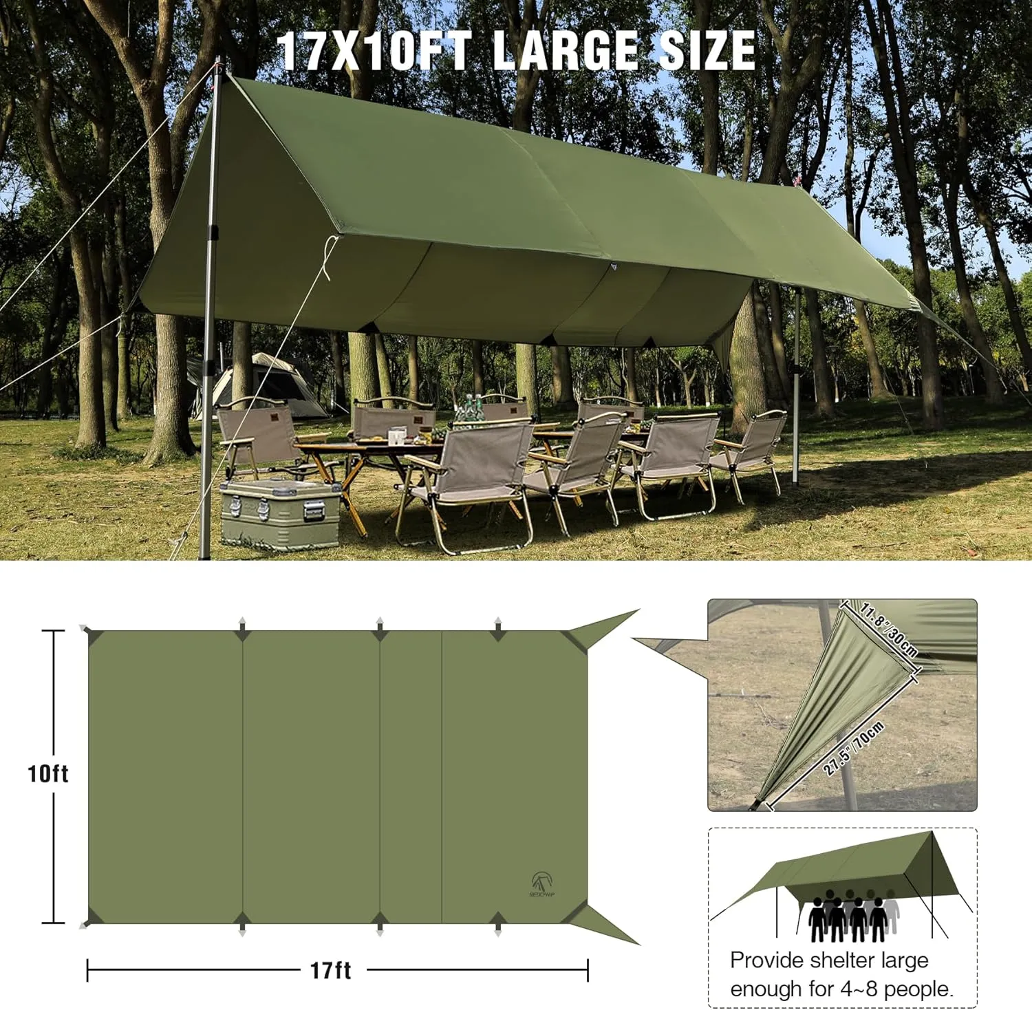 REDCAMP Large 10x17ft Waterproof Camping Tarp, Portable Hammock Rain Fly with 4 Adjustable Poles, 8 Guy Lines & Stakes, Backpacking Tent Shelter for Camping, Hiking, Beach (4 Poles)