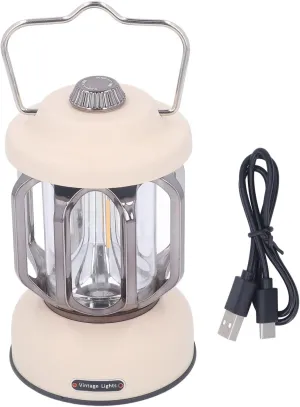 Retro Camping Lantern Vintage Camping Lamp Type C Rechargeable 3 Modes Dimmable with Hook LED Tent Lamp for Garden (Beige)