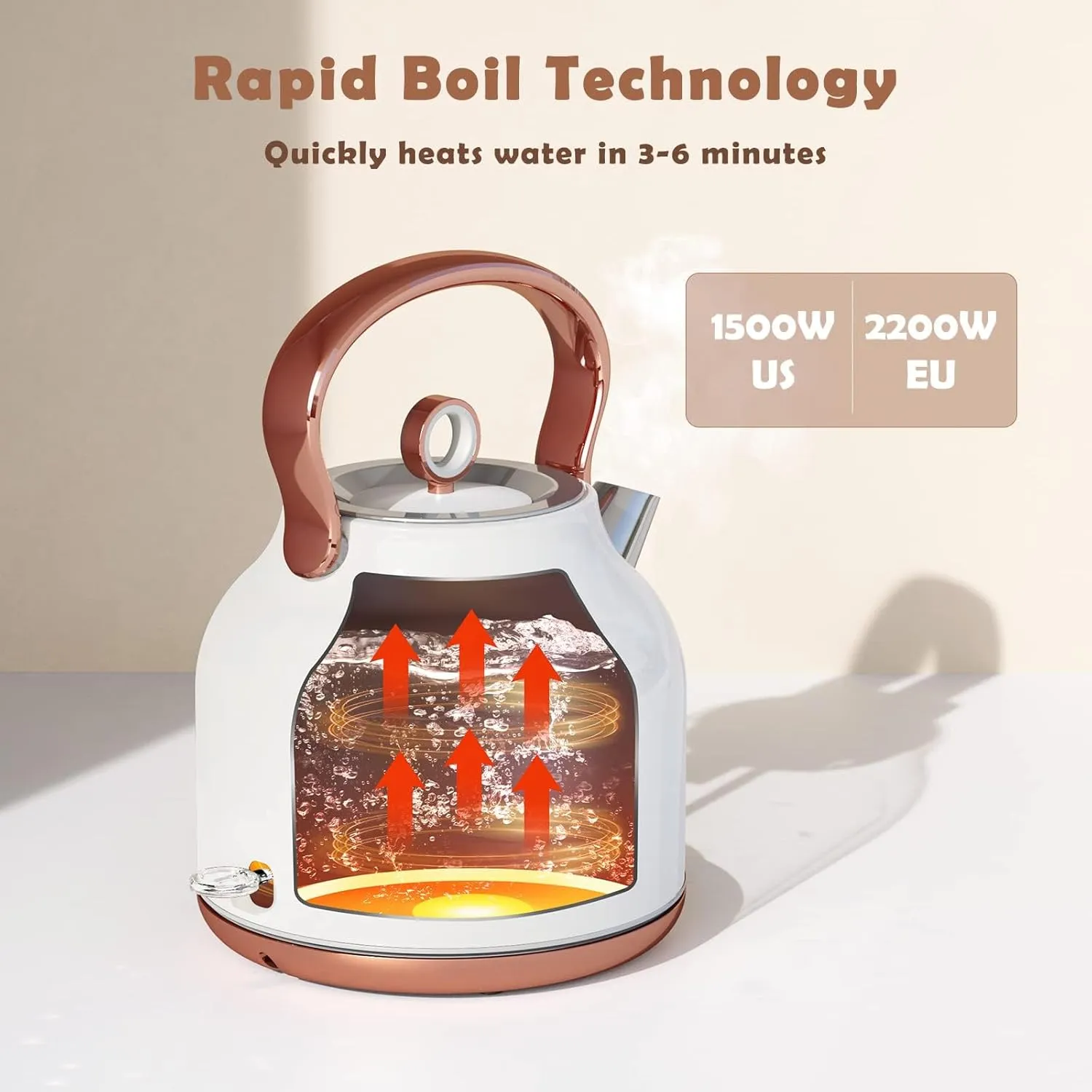 Retro Electric Kettle, 1.7L Stainless Steel Tea Kettle with Large Temperature Gauge, 1500W Fast Heating Hot Water Boiler with LED Indicator, Auto Shut-off & Boil-Dry Protection-Elegant White