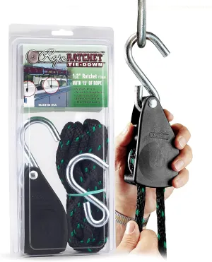 Rope Ratchet Heavy Duty 1/2" Hoist with Locking Pulley, Adjustable Hanger for Grow Lights, Canopies, Kayaks, 15' Braided Polypropylene Rope, 500 lbs Capacity, Ideal for Tent, Tarp, Roof Rack Tie Downs