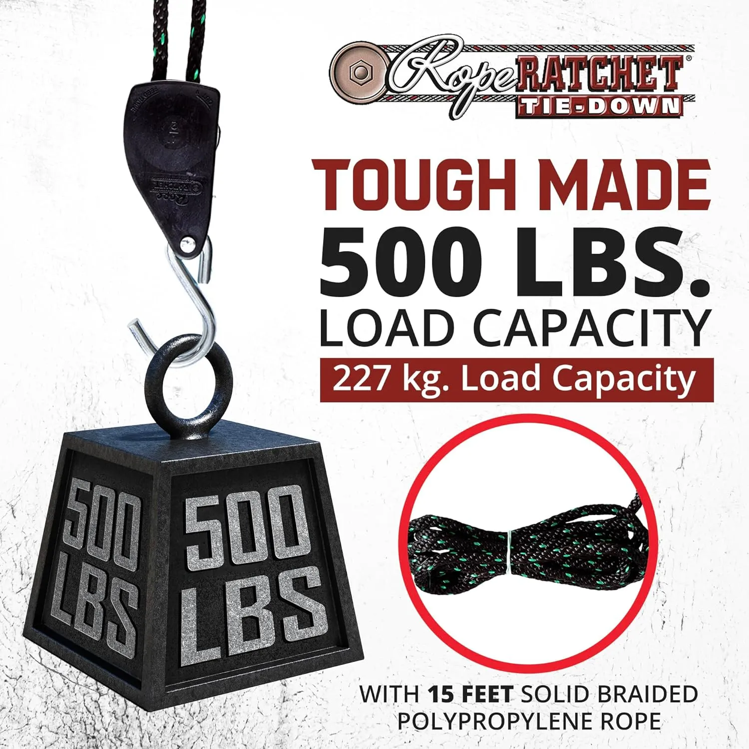 Rope Ratchet Heavy Duty 1/2" Hoist with Locking Pulley, Adjustable Hanger for Grow Lights, Canopies, Kayaks, 15' Braided Polypropylene Rope, 500 lbs Capacity, Ideal for Tent, Tarp, Roof Rack Tie Downs