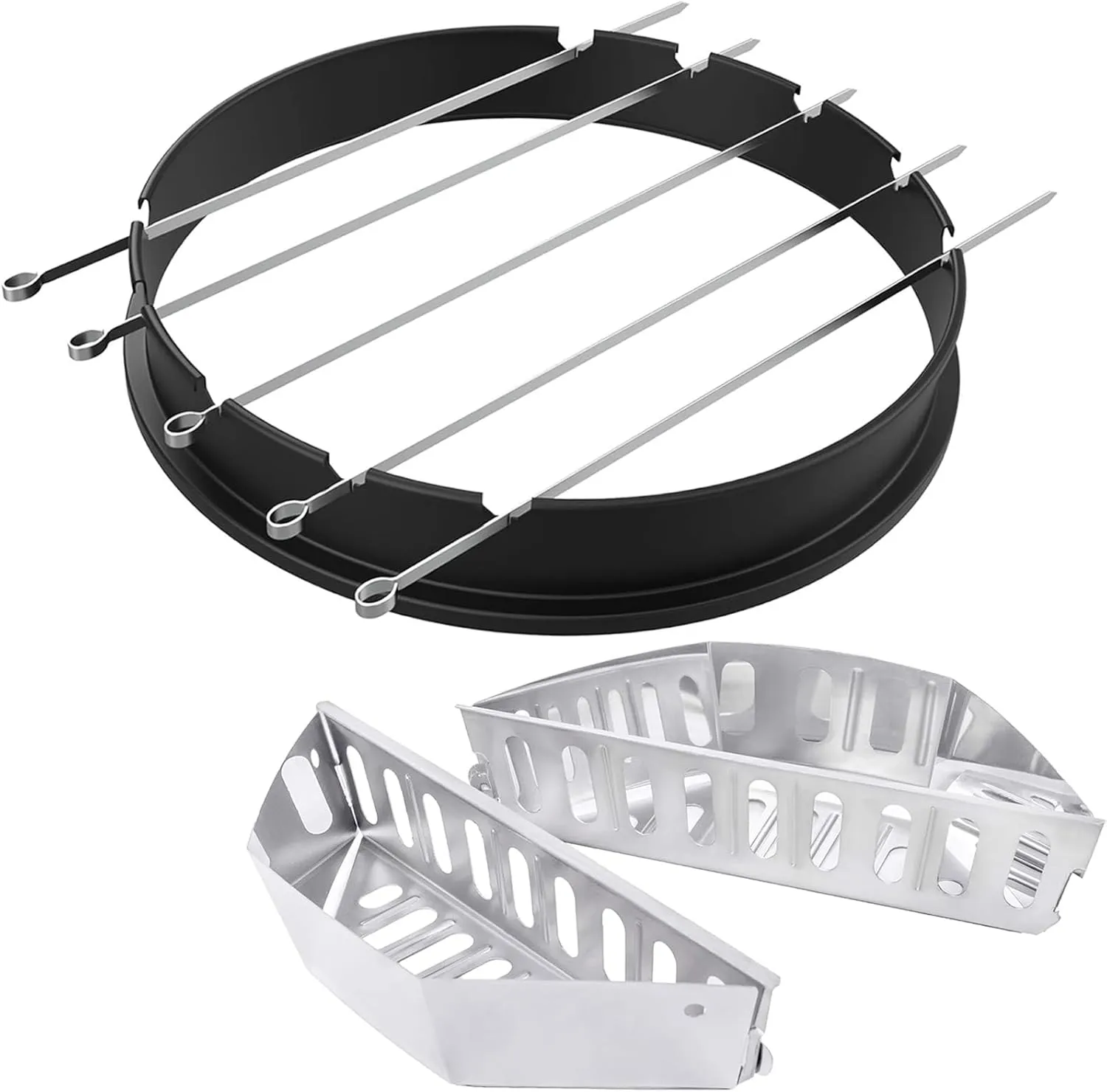 Rotisserie Ring with Kabob Skewer Kits & Stainless Steel Briquette Holders Charcoal Basket Grill Accessories for Weber 22.5" Kettle Grills