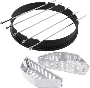 Rotisserie Ring with Kabob Skewer Kits & Stainless Steel Briquette Holders Charcoal Basket Grill Accessories for Weber 22.5" Kettle Grills