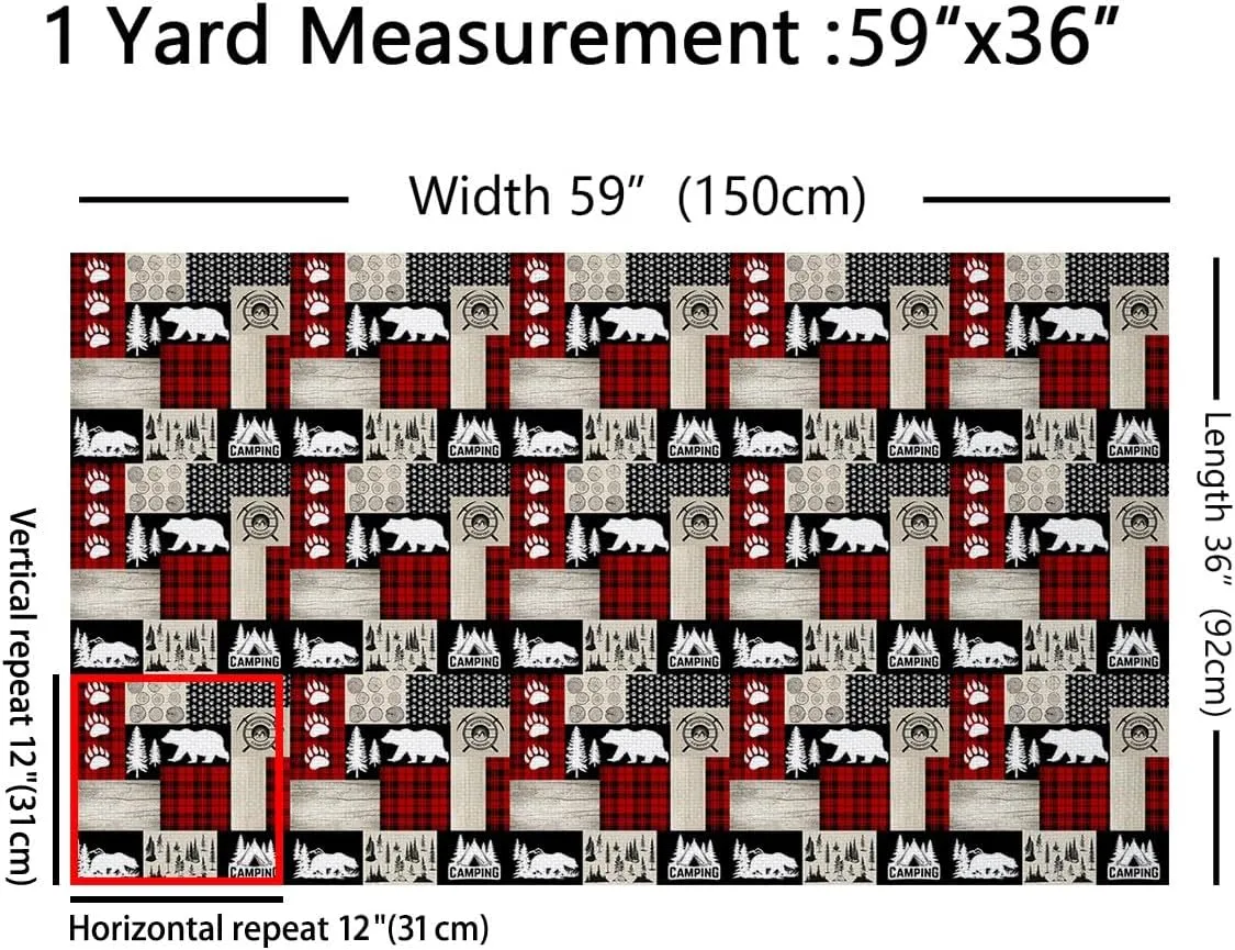 Rustic Cabin Lodge Bear Fabric by The Yard 2 Yard, Farm Decorative Waterproof Outdoor Fabric by The Yard for Kids Toddler Camping Hunting Upholstery Fabric for Plaid Farmhouse Lodge Outdoor