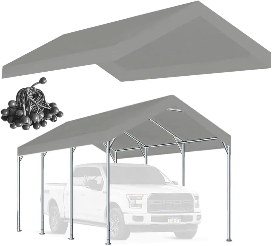 Rutile 10 x 20 FT Carport Replacement Cover, Heavy Duty Car Tarp Canopy Tent Replacement Top w/Ball Bungees Gray (Only Top Cover, Frame is not Included)