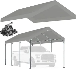 Rutile 10 x 20 FT Carport Replacement Cover, Heavy Duty Car Tarp Canopy Tent Replacement Top w/Ball Bungees Gray (Only Top Cover, Frame is not Included)