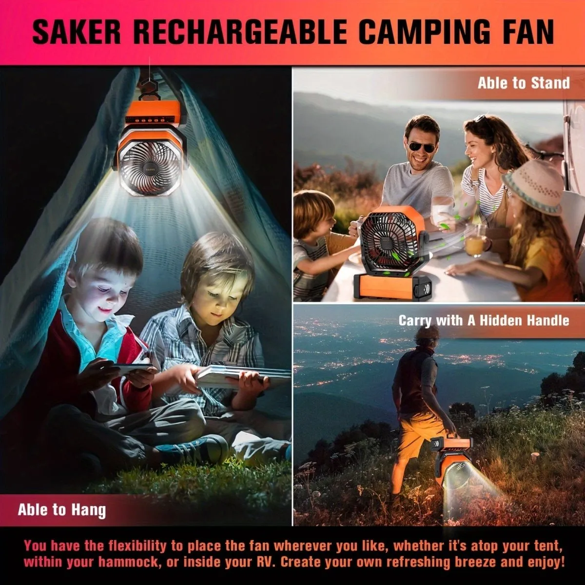 Saker Rechargeable Camping Fan-20000mAh Battery Powered Tent Fans With LED Lantern, Hanging Hook, Auto-Oscillating, Quiet Portable Ceiling Table Fan For Car Travel RV Camp Hurricane Emergency