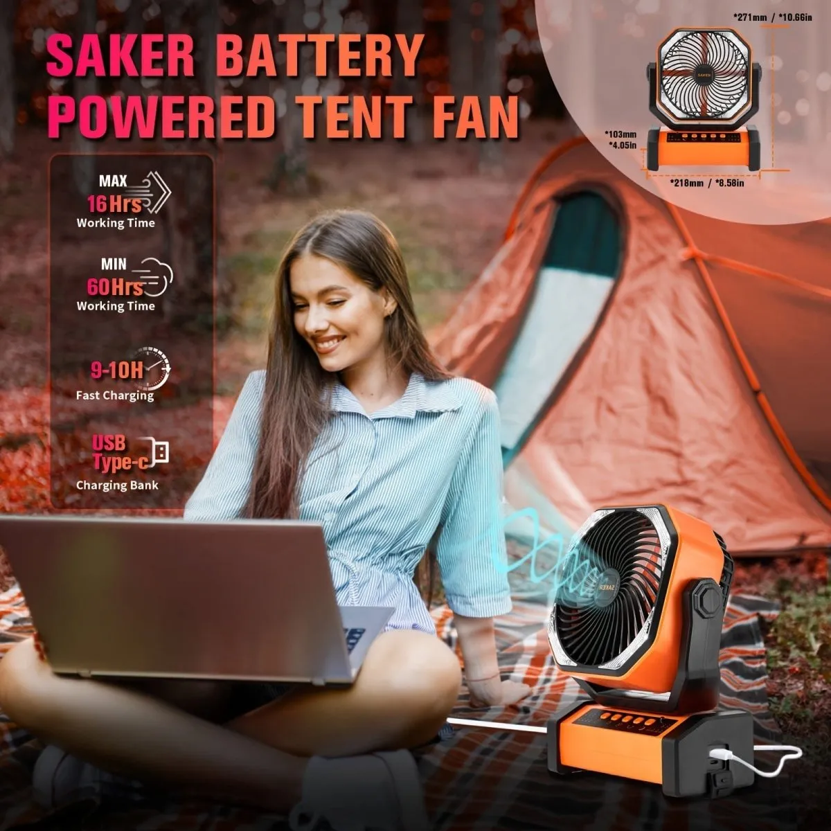 Saker Rechargeable Camping Fan-20000mAh Battery Powered Tent Fans With LED Lantern, Hanging Hook, Auto-Oscillating, Quiet Portable Ceiling Table Fan For Car Travel RV Camp Hurricane Emergency