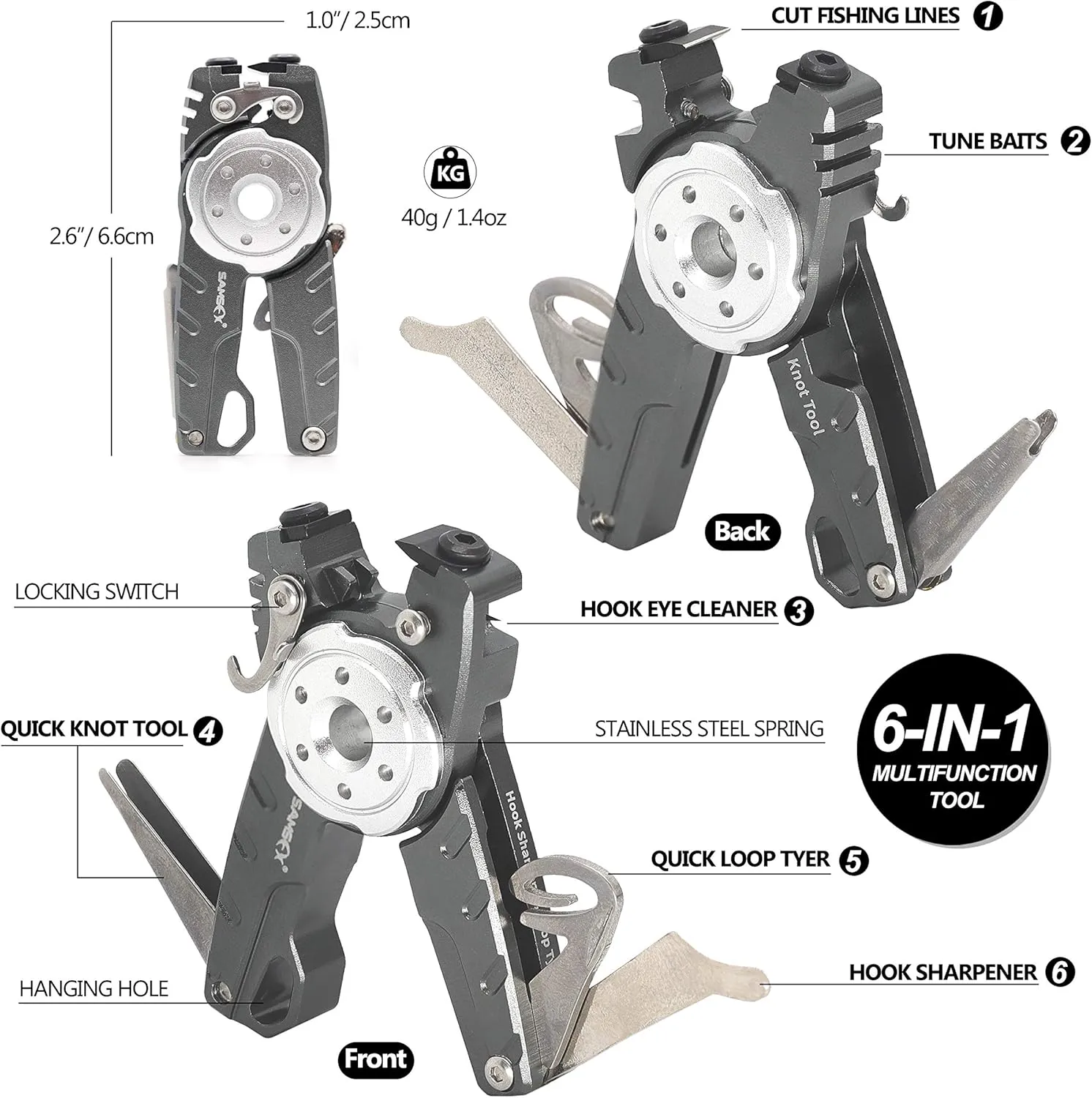 SAMSFX Fishing Tungsten Line Cutter with Zinger Retractors, Fishing Pliers Cutters, Knot Tying Tool, Hook Eye Cleaner, Hook Sharpener