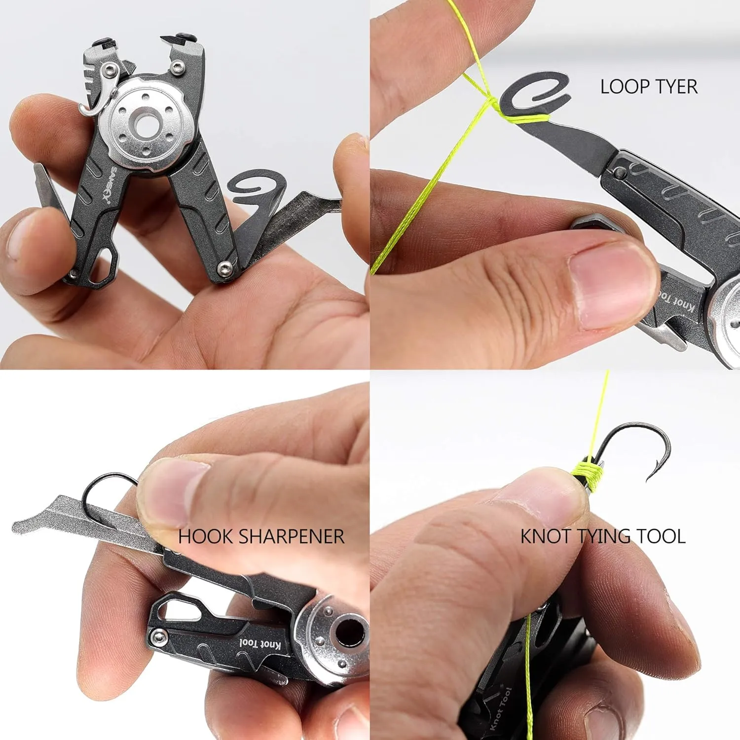 SAMSFX Fishing Tungsten Line Cutter with Zinger Retractors, Fishing Pliers Cutters, Knot Tying Tool, Hook Eye Cleaner, Hook Sharpener