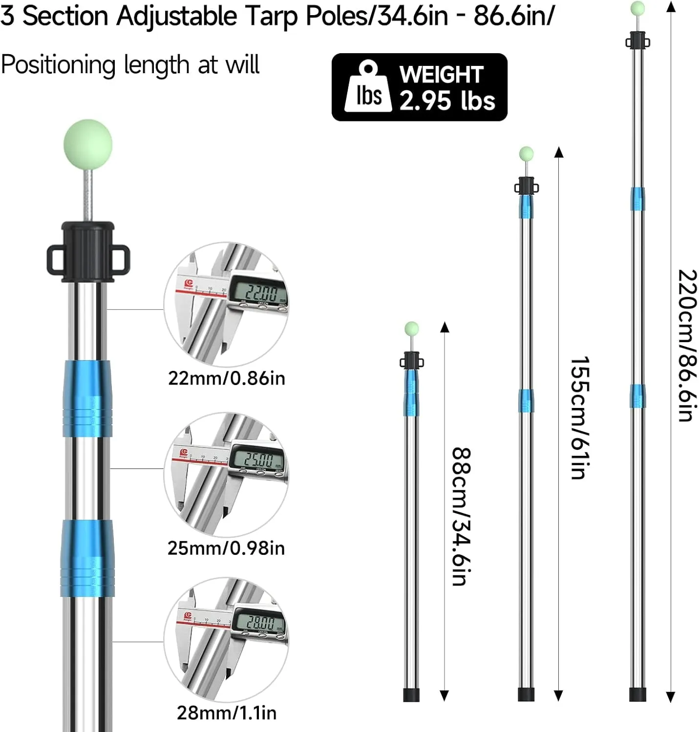 SANLIKE Telescoping Tarp Pole Heavy Duty Tent Poles, 33"-86.6"/94" Thickened Tube Collapsible Stainless Steel Canopy Poles for Camping Backpacking Hiking Awning Sun Sails Outdoor Sports, Set of 2